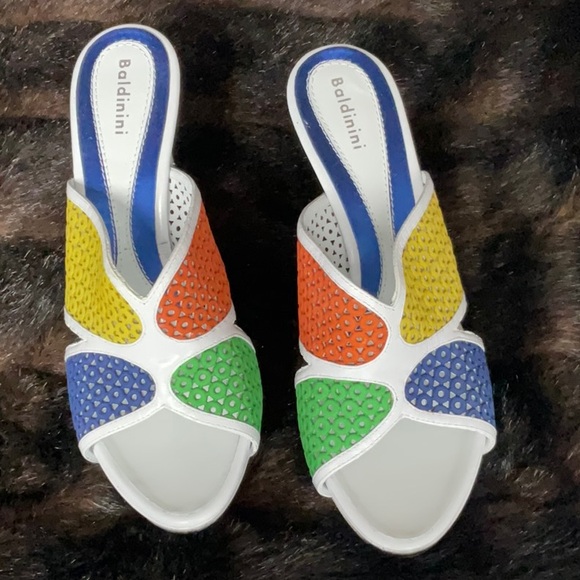 NEW BALDININI white heels with multi color panels lacquer heels 8.5 39 9 - Picture 1 of 8